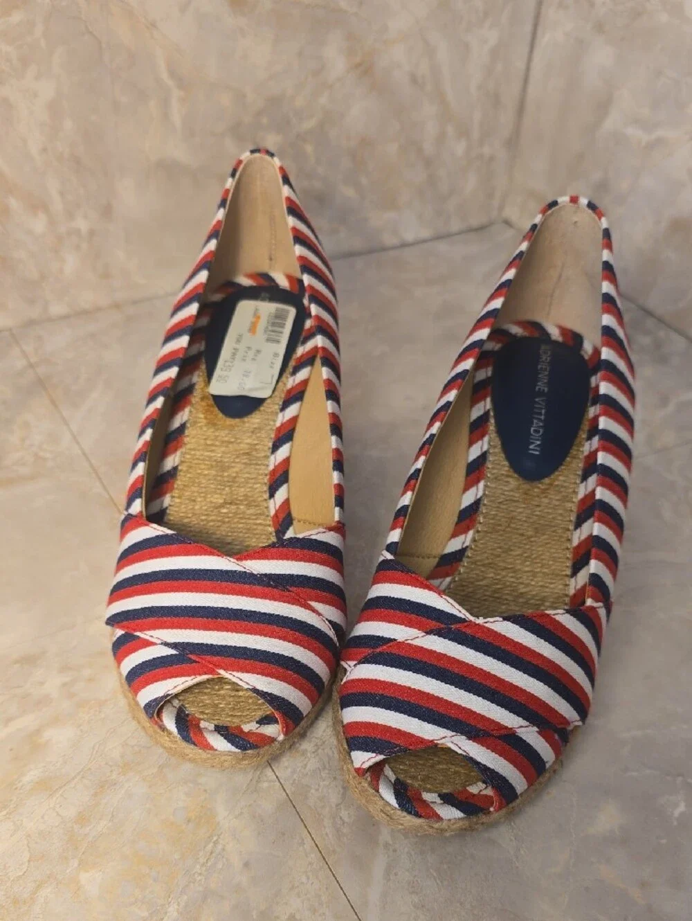 Adrienne Vittadini Red White Blue Striped Espadrille Wedge Sz 7